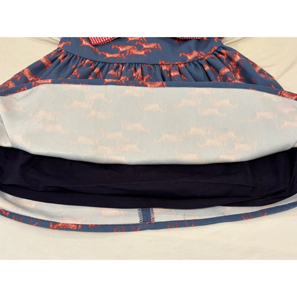 Ronner Children Blue Red Horse Print Dress Gingham Bow Long Sleeve Kids Size 8